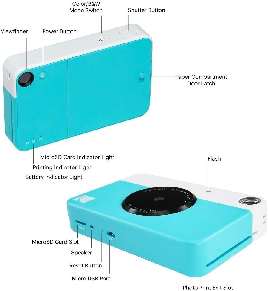 KODAK Printomatic Instant Camera (Blue) with 20 Zink Photo Papers, Scrapbook, Markers, Stickers, Scissors & Washi Tape - Perfect for DIY Crafts, Memory Keeping & Creative Gift Giving