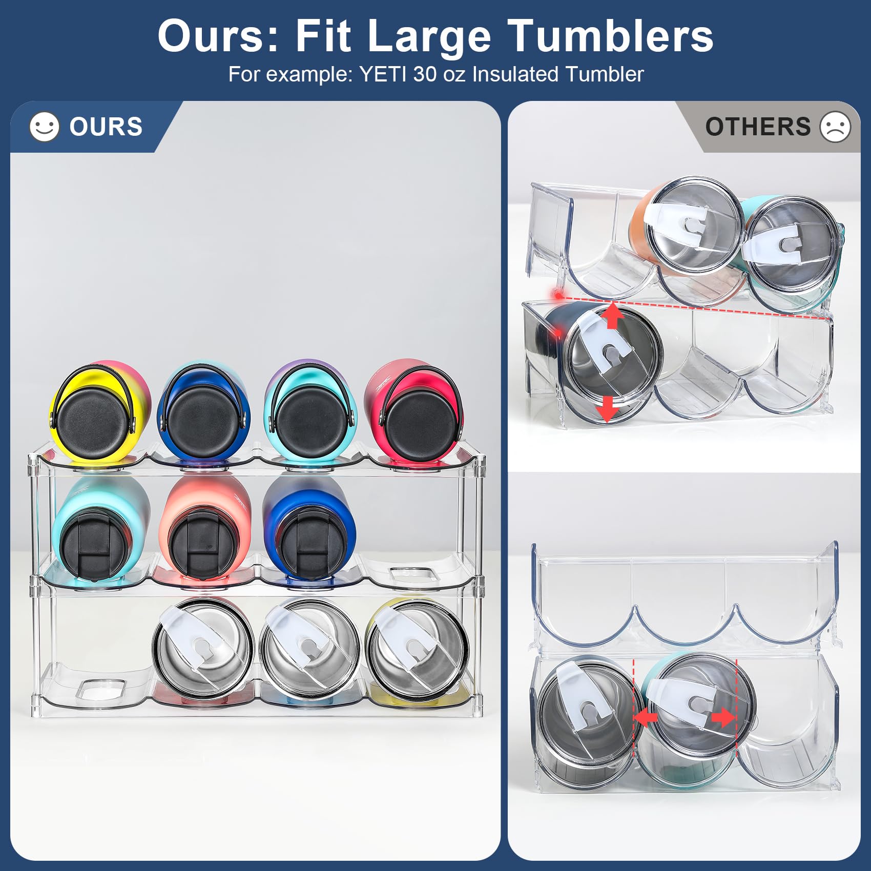 3 Tier Stackable Water Bottle Organizer Holder for Cabinet - Clear Plastic Storage Rack for Stanley 40 oz Tumblers & Large Cups - Space Saving Kitchen Countertop, Pantry, Fridge Organizer (Holds 12 Bottles) - Perfect for Home, Office, Dorm & RV Organization