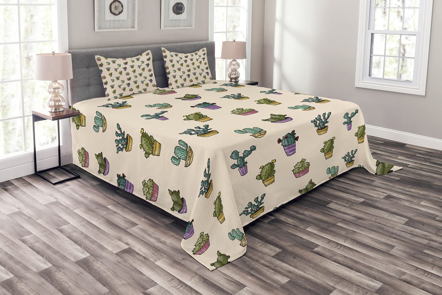 Ambesonne Succulent Bedspread Set - King Size Cactus & Flower Botanical Print Quilted Coverlet with 2 Pillow Shams, Beige & Multicolor | Perfect for Boho Bedroom Decor, Plant Lover's Home, and Greenhouse-Themed Interior Design