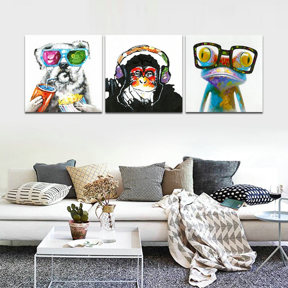 3 Panels Abstract Patchwork Painting Wall Art - Music Monkey Happy Dog Happy Frog Canvas Prints - 16x16 Inches Home Decor for Living Room, Bedroom & Office