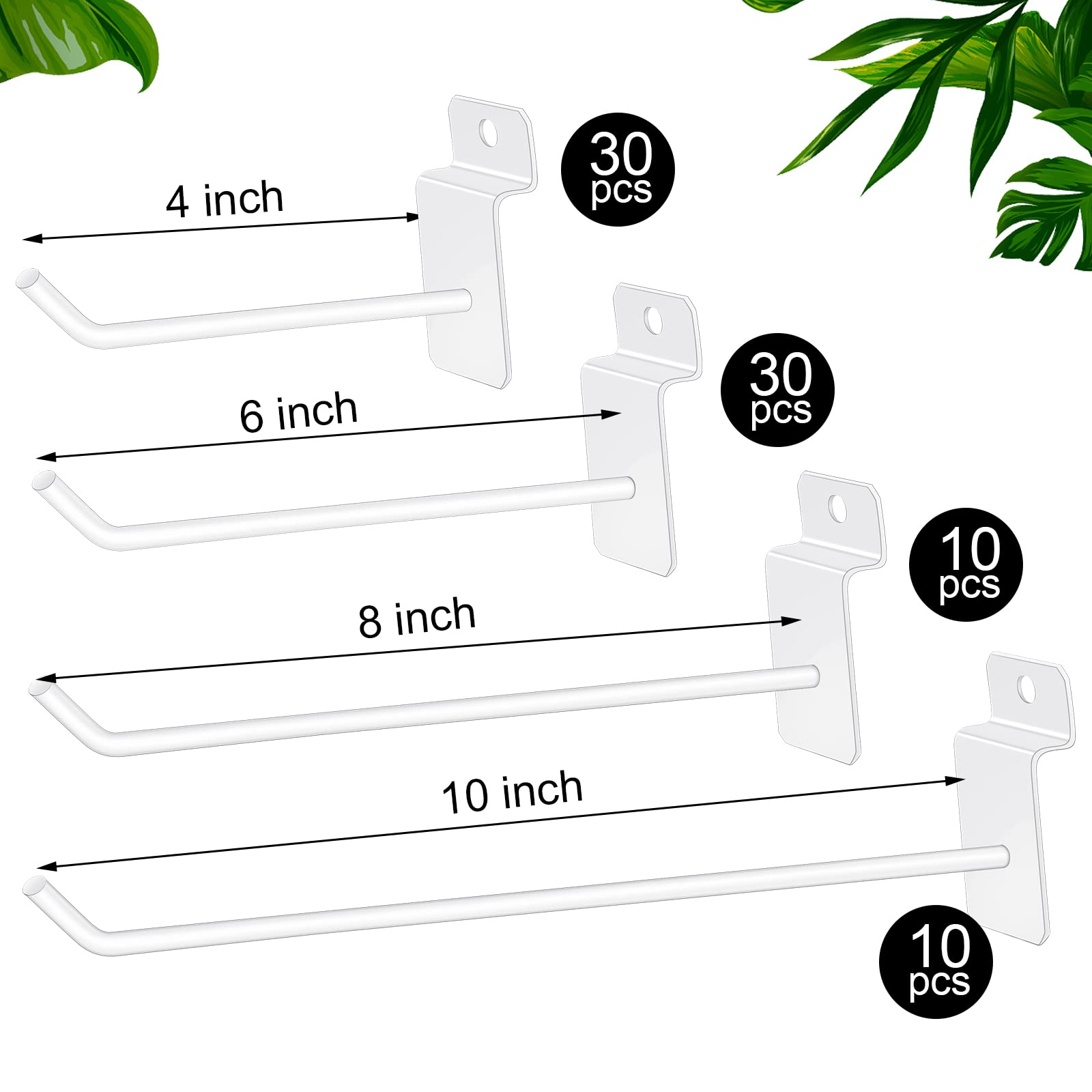 80 Pcs Heavy Duty Metal Slatwall Hooks - 4/6/8/10 Inch White Pegboard Hooks for Garage Organization & Retail Display - Durable Slat Wall Accessories for Shelving, Storage & Product Showcase