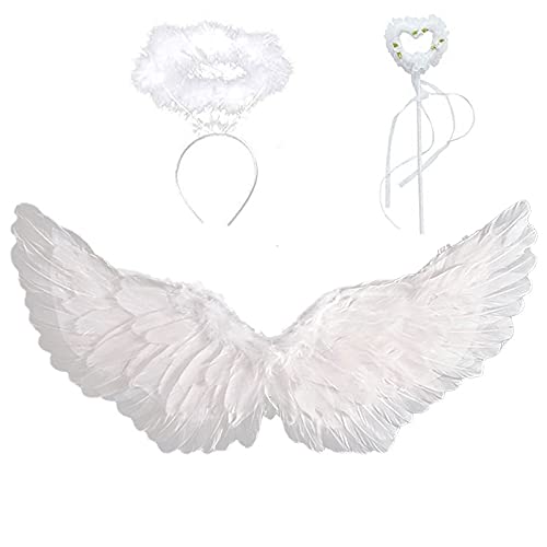 White Angel Wings and Halo Set with Feather Headband & Wand - Christmas, Halloween, Cosplay Costume Accessories for Parties, Photo Shoots & Fairy Costumes