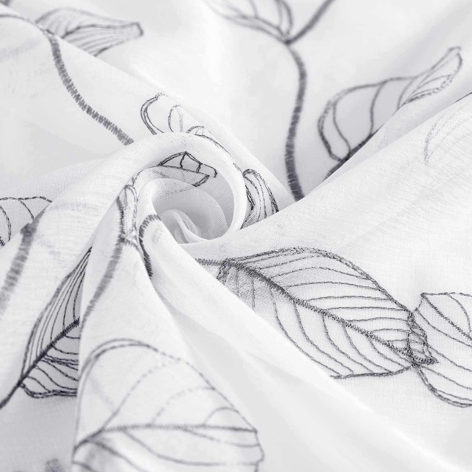 White Sheer Grey Leaf Embroidered Voile Kitchen Curtain Valance - 18 Inch Rod Pocket Farmhouse Window Treatment for Kitchen, Living Room & Bedroom