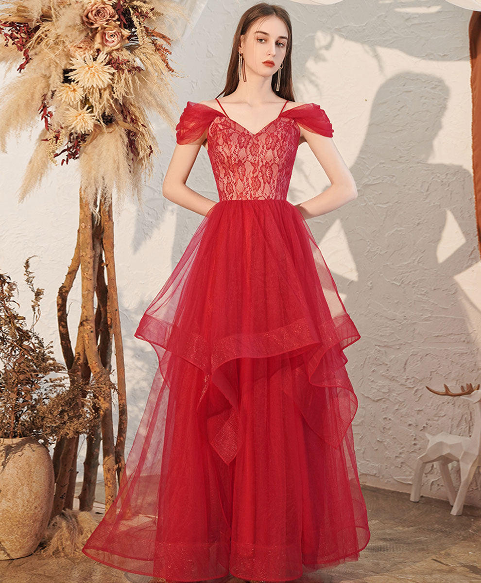 Elegant Red V-Neck Tulle Off-Shoulder Long Prom Dress for Women - Formal Graduation Gown for Homecoming, Pageant & Special Occasions