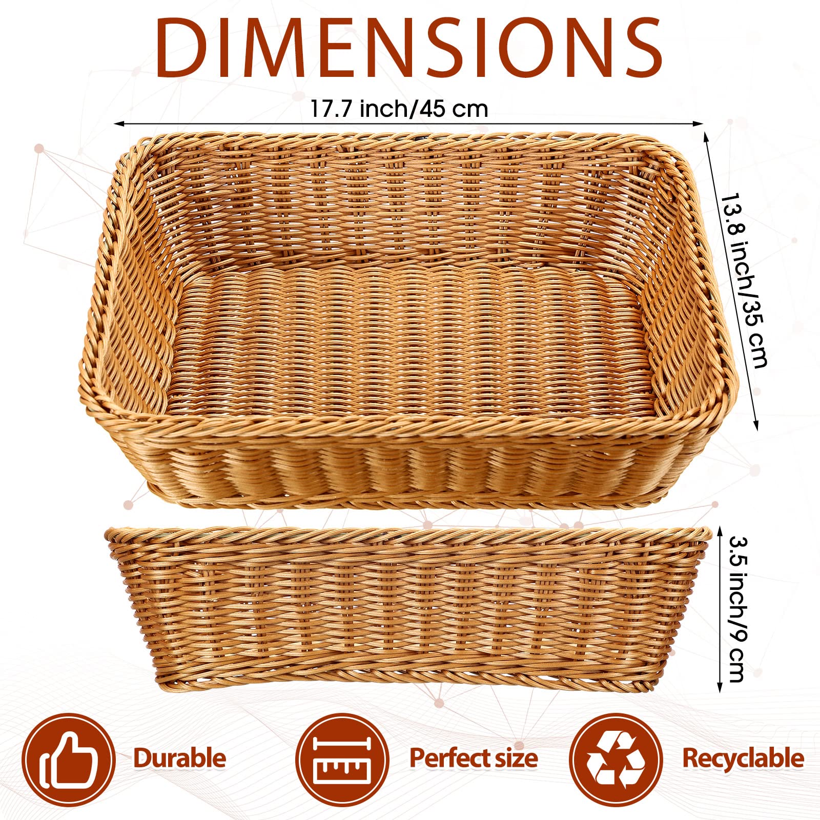6-Piece 17.7-Inch Poly Wicker Bread Baskets - Rustic Woven Rattan Fruit & Vegetable Serving Baskets for Kitchen, Restaurant, Dining Table Display - Perfect for Bread Storage, Fruit Bowls, and Farmhouse Decor