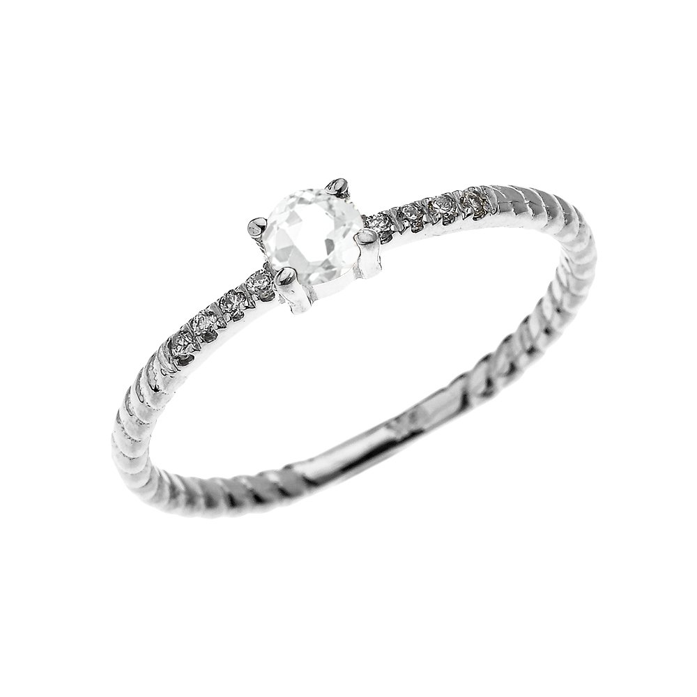 10K White Gold Dainty Diamond & Solitaire White Topaz Rope Design Stackable Ring for Women - Elegant Proposal, Engagement, Wedding, Anniversary Gift Idea