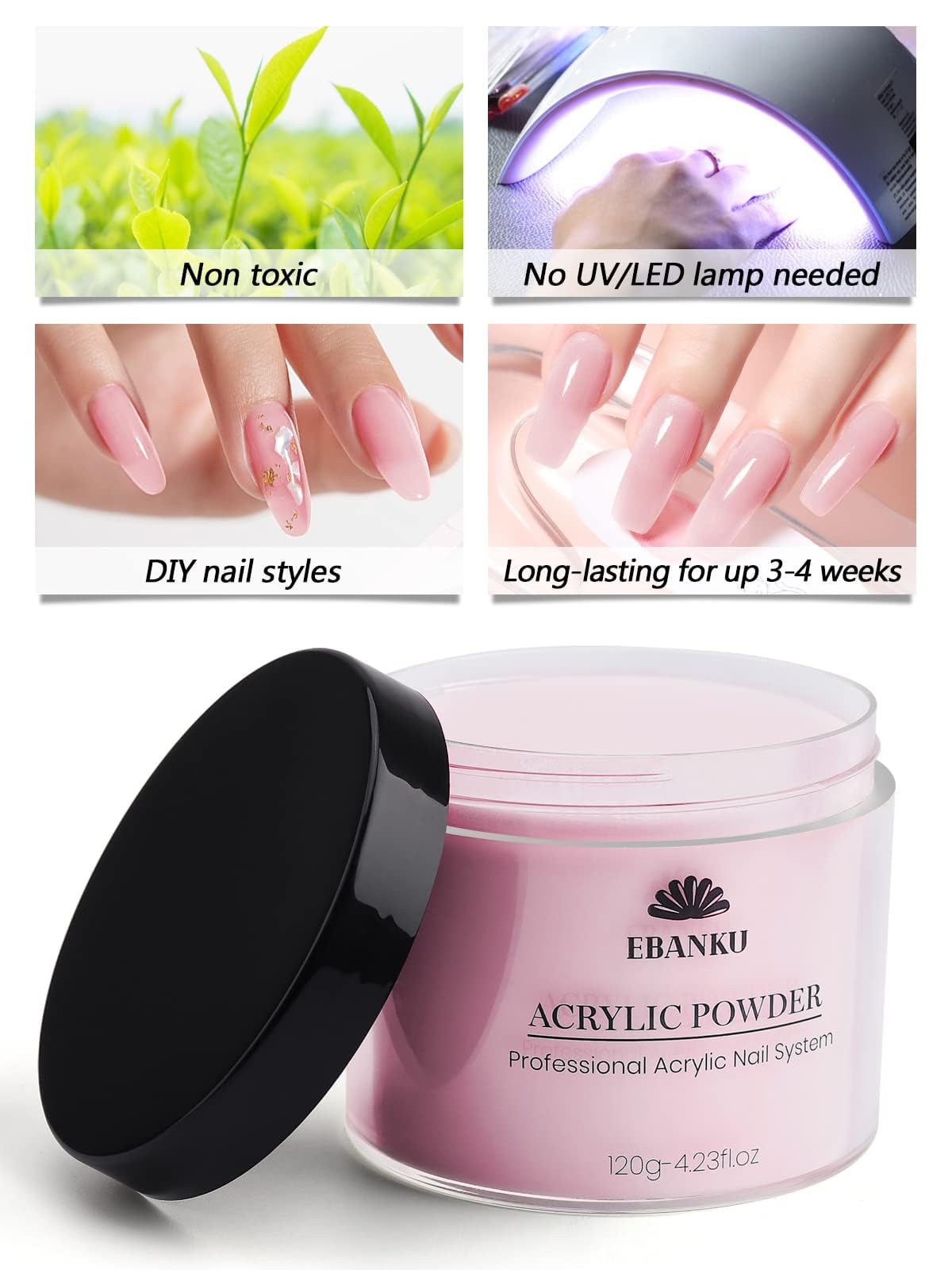 EBANKU Professional Pink Acrylic Nail Powder 120g (4.23oz) - Long Lasting Acrylic Extension Powder for Nail Art, Sculpting & Carving - No UV Lamp Needed - Perfect for Salon, Home Manicures & DIY Nail Designs