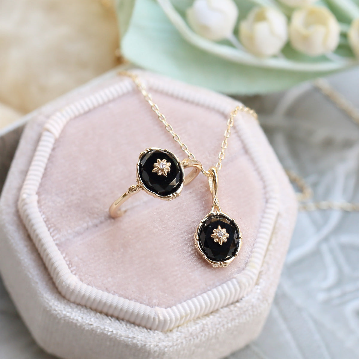 Vintage Black Agate Celestial Ring and Pendant Set - Elegant Jewelry for Women | Perfect for Gifts, Parties & Spiritual Healing | HJZB 378