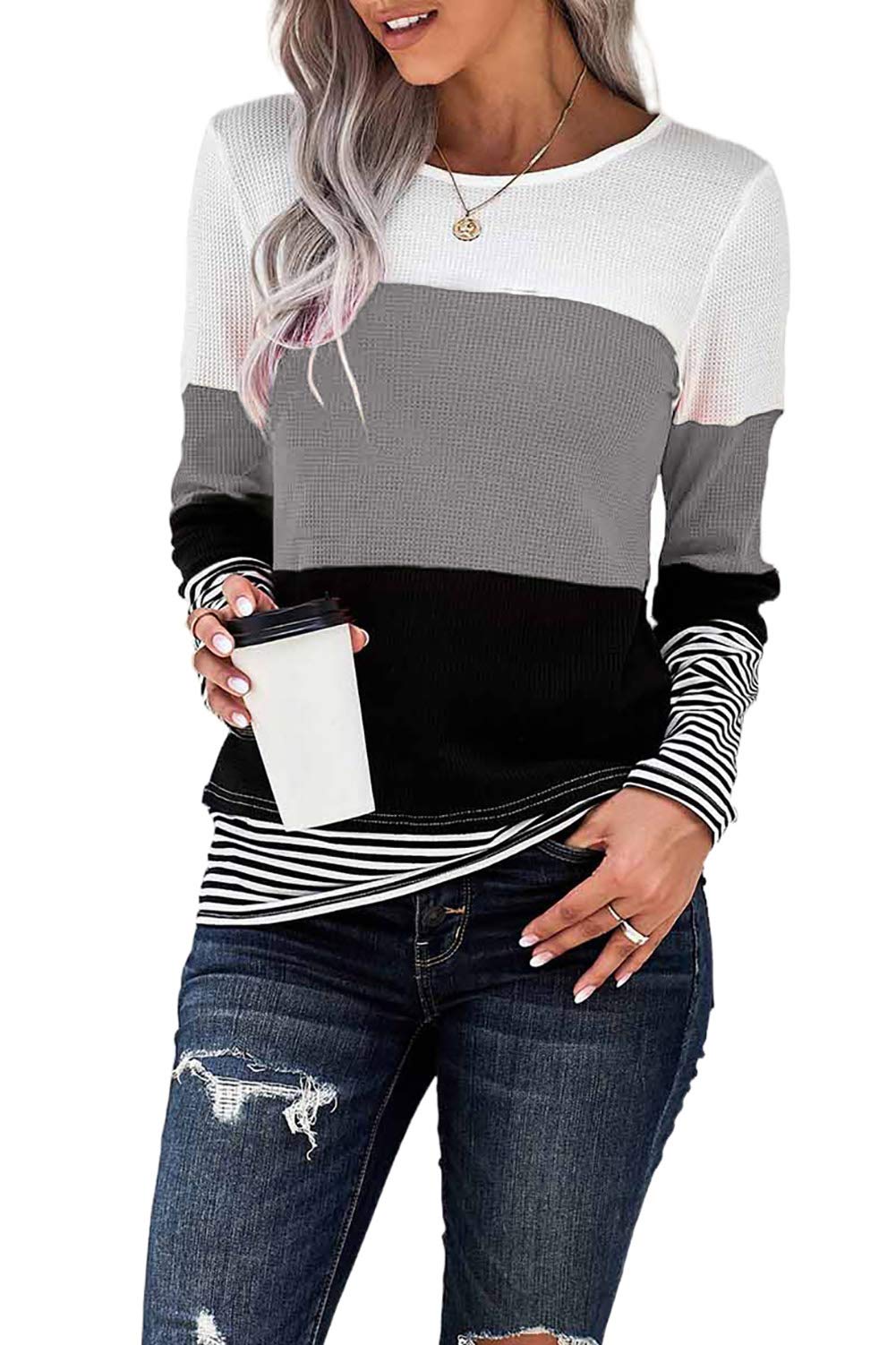KINGFEN Women's Long Sleeve Color Block Striped T-Shirt | Crewneck Waffle Knit Sweater Top | Casual Fall & Winter Fashion for Work & Weekend Outings