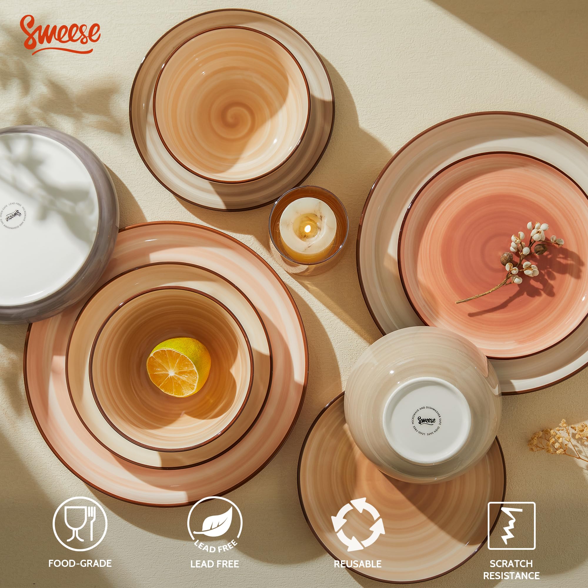 Sweese 18-Piece Porcelain Dinnerware Set - Round Plates & Bowls for 6, Microwave & Dishwasher Safe, Scratch-Resistant Hand-Painted Swirl Design | Perfect for Family Dinners, Entertaining Guests & Everyday Use