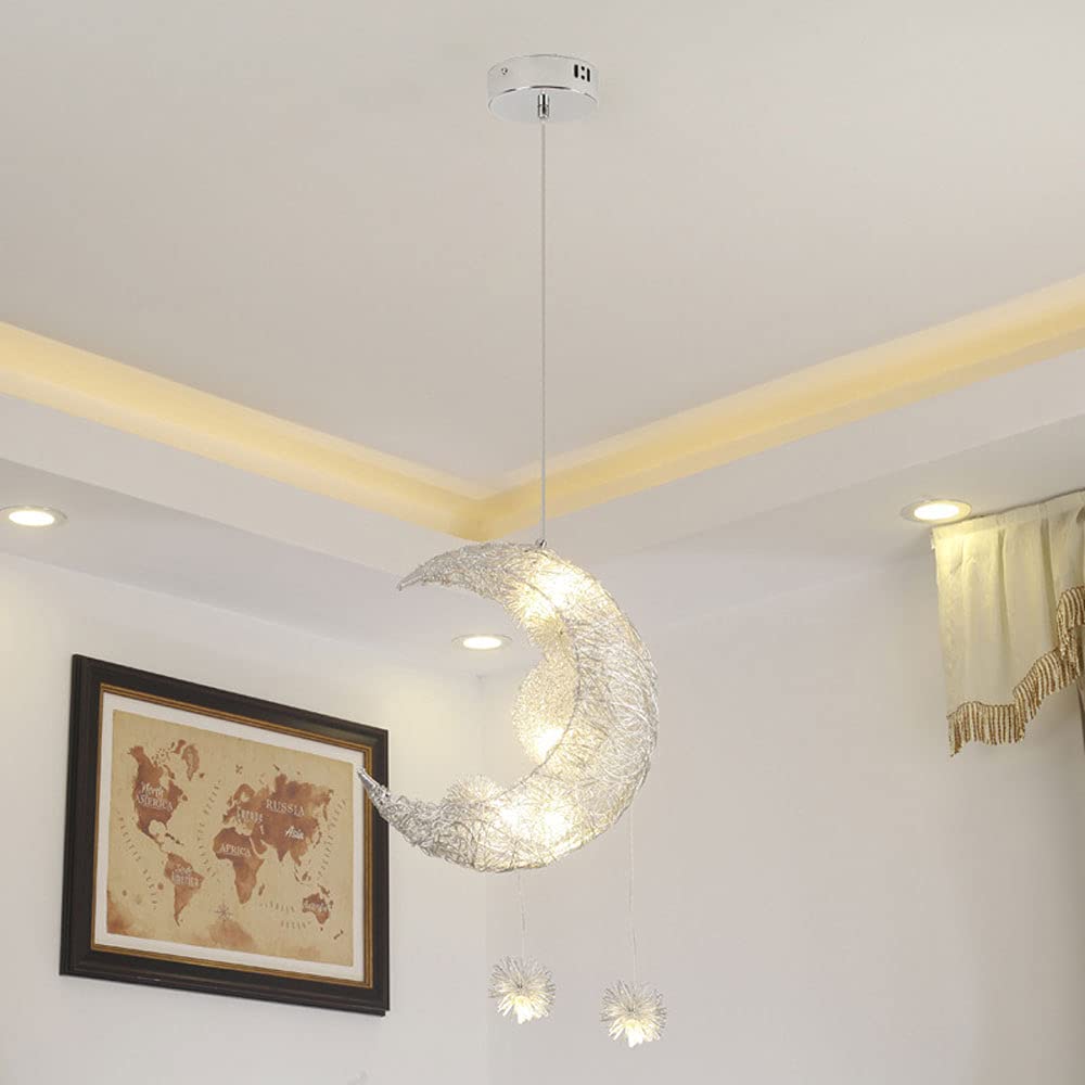 Modern Moon & Star Shape LED Pendant Light - Creative Ceiling Chandelier for Kids Bedroom, Nursery, Living Room - White Decorative Lighting for Home & Indoor Decor