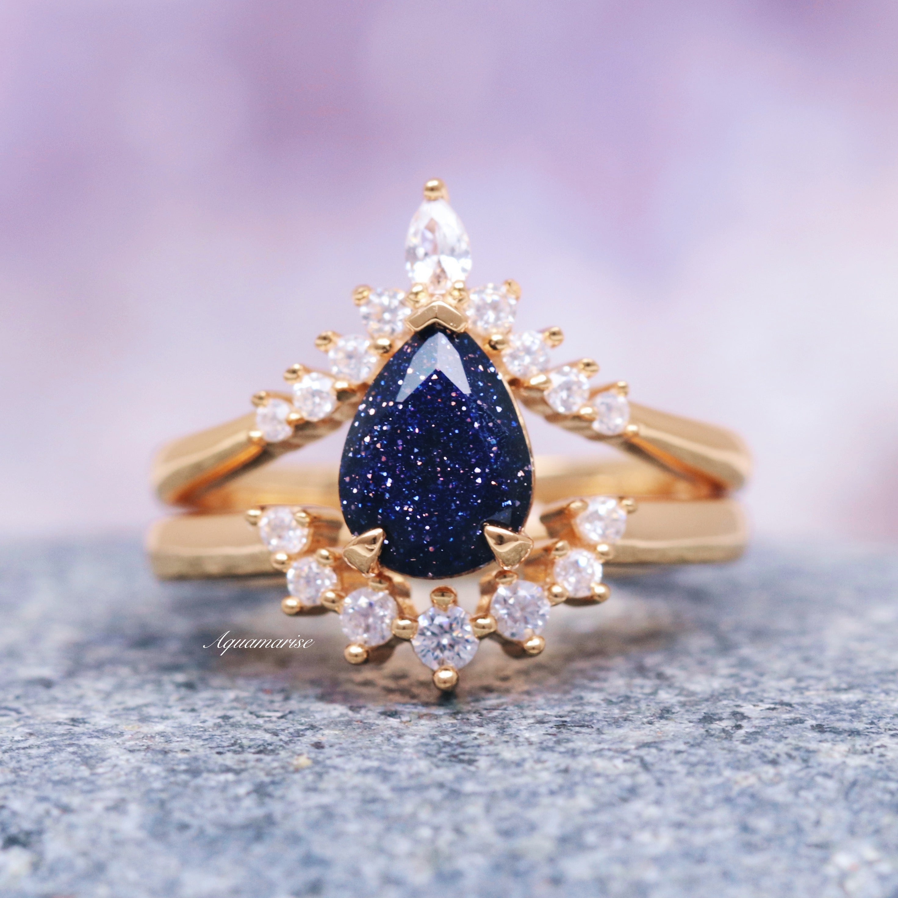 Starry Night Engagement Ring Set - 14K Solid Yellow Gold Wedding Band for Women, Romantic Proposal Gift for Her, Perfect for Anniversaries & Special Occasions