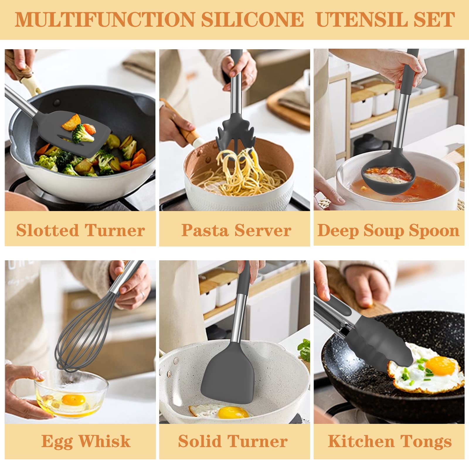 **Umite Chef 43-Piece Silicone Cooking Utensil Set with Stainless Steel Handles – Heat-Resistant Kitchen Tools for Nonstick Cookware, Pots & Pans – Perfect for Baking, Frying & Everyday Cooking (Grey)**