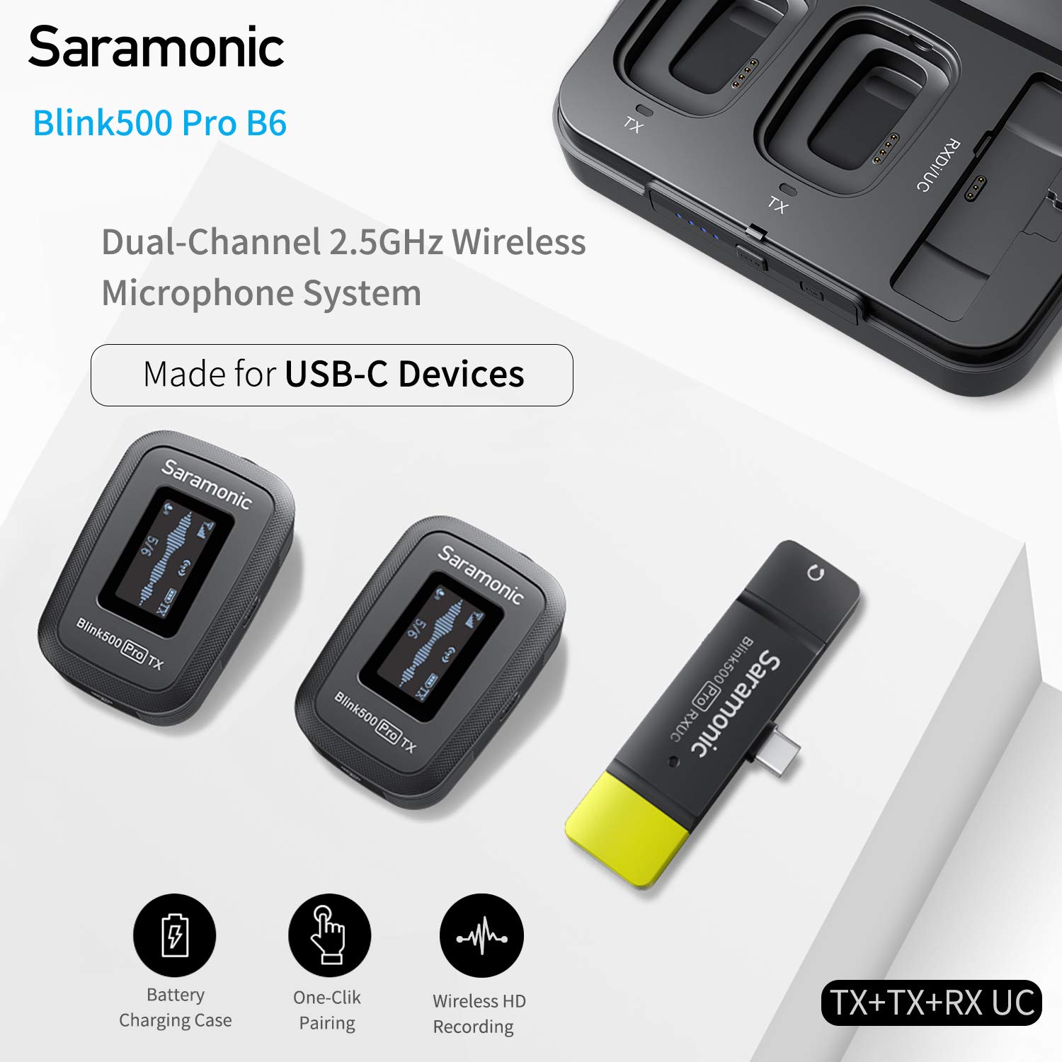 Saramonic Blink500 Pro B6 Dual Wireless Lavalier Microphone System with USB-C for Samsung Galaxy, Huawei, Google Pixel - Perfect for YouTube Videos, Facebook Live, Vlogging & Professional Streaming