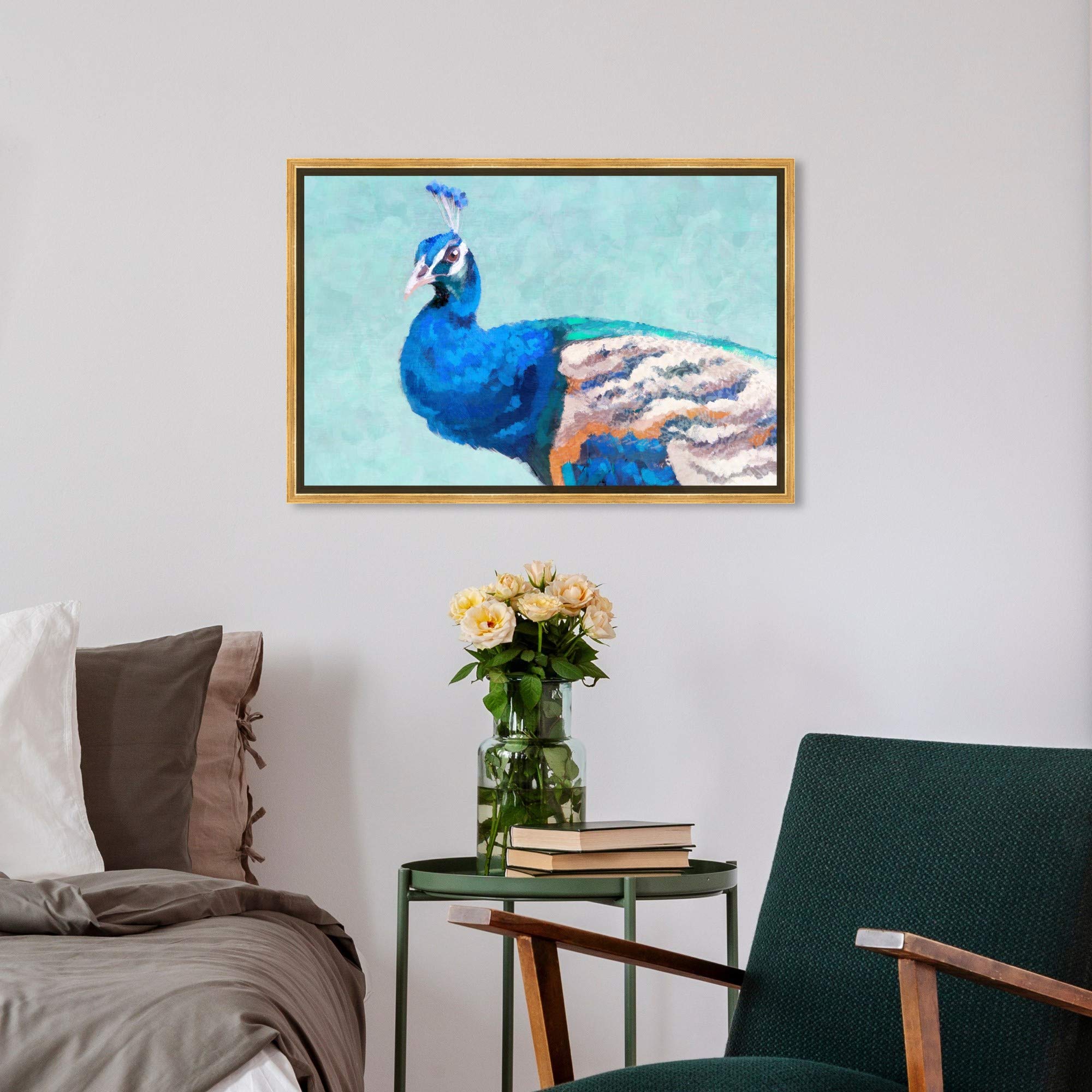 Oliver Gal Artist Co. Framed Canvas Wall Art - Bright Peacocks Print, 24x16 Inches, Blue & White - Perfect for Living Room, Bedroom & Office Décor