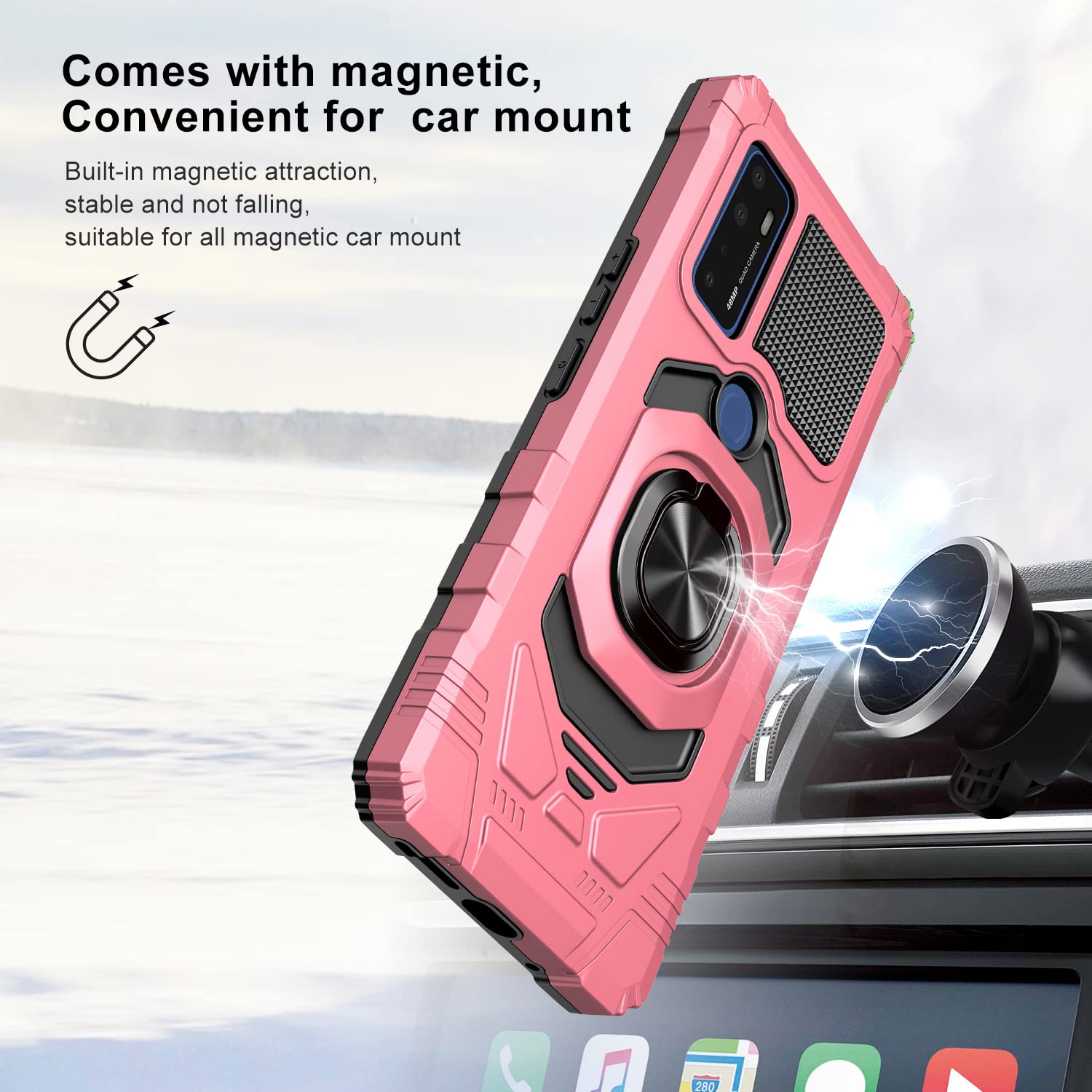 AT&T Radiant Max 5G / Cricket Dream 5G / Cricket Innovate 5G / AT&T Fusion 5G Case with Tempered Glass Screen Protector - Full Coverage, Shockproof, Magnetic Car Mount, Ring Stand - Rose Gold Protective Cover for Work, Travel & Everyday Use