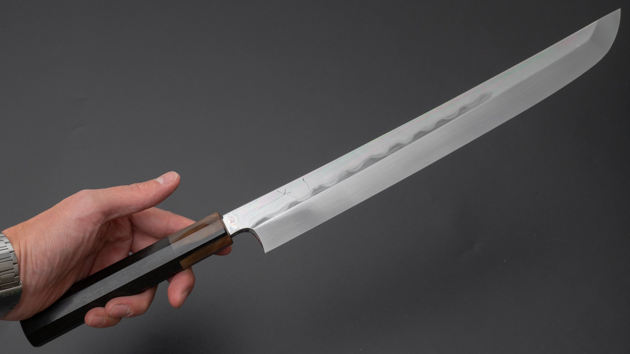 Hitohira Togashi White #1 Notaremon Mizu Honyaki Yanagi Sakimaru 300mm Sushi Knife with Taihei Makassar Ebony Handle & Saya - Premium Japanese Chef Knife for Sushi, Sashimi & Fish Preparation