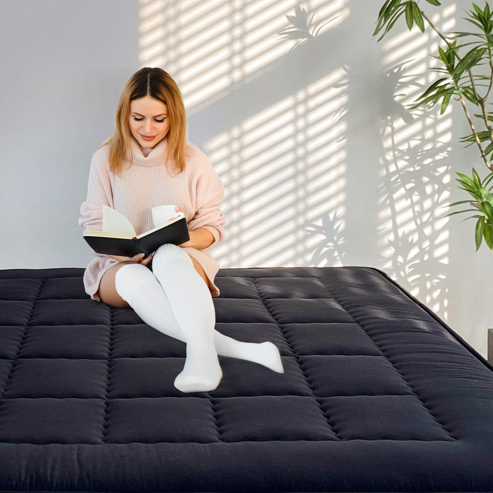 MAXYOYO 6-Inch Extra Thick Japanese Futon Mattress with Rectangle Quilting - Stylish Floor Bed for Home, Guest Room or Small Spaces - Black