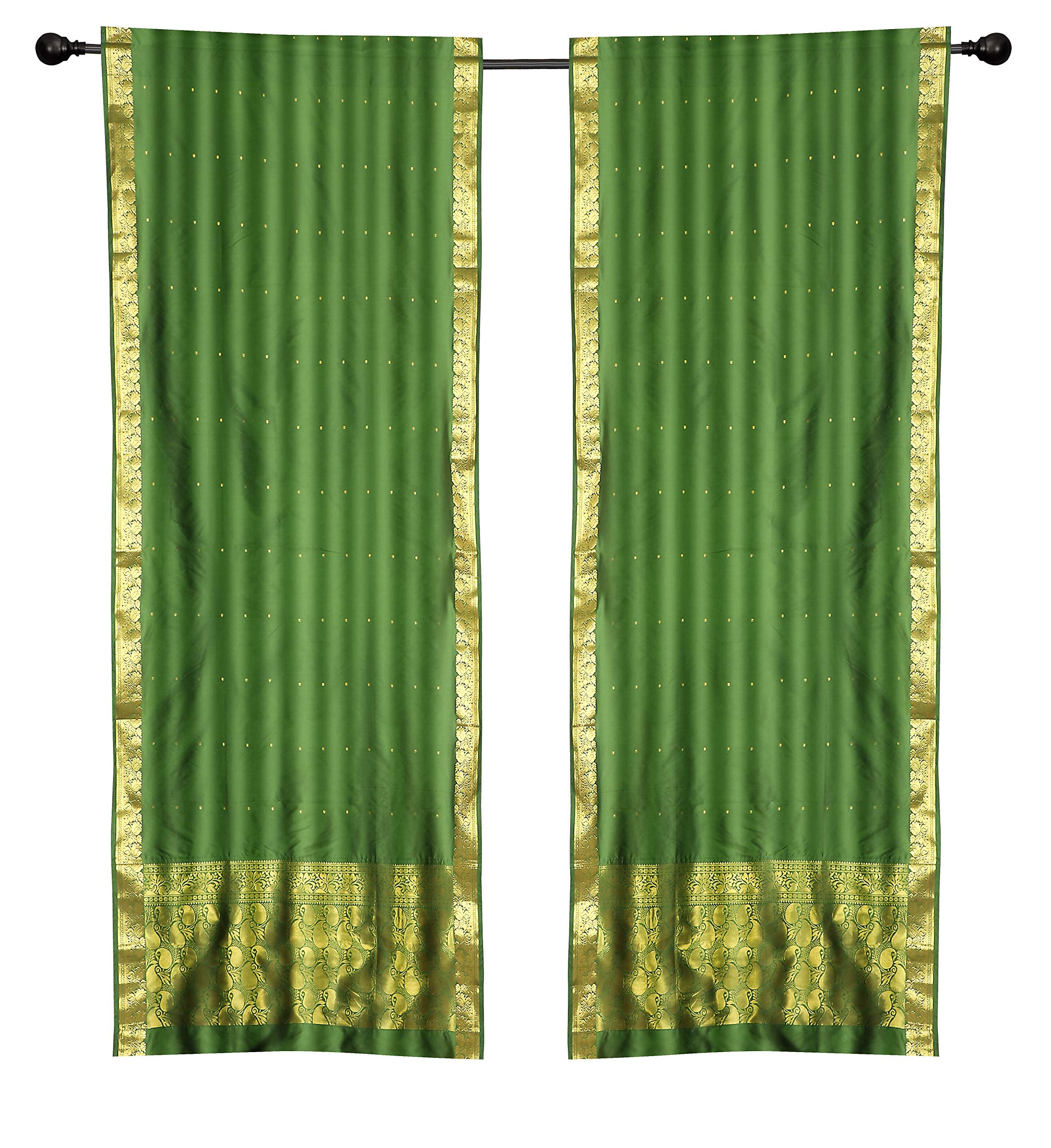 2 Boho Green Indian Sari Rod Pocket Cafe Curtains - 43W x 36L - Perfect for Kitchen, Dining Room & Boho Home Decor