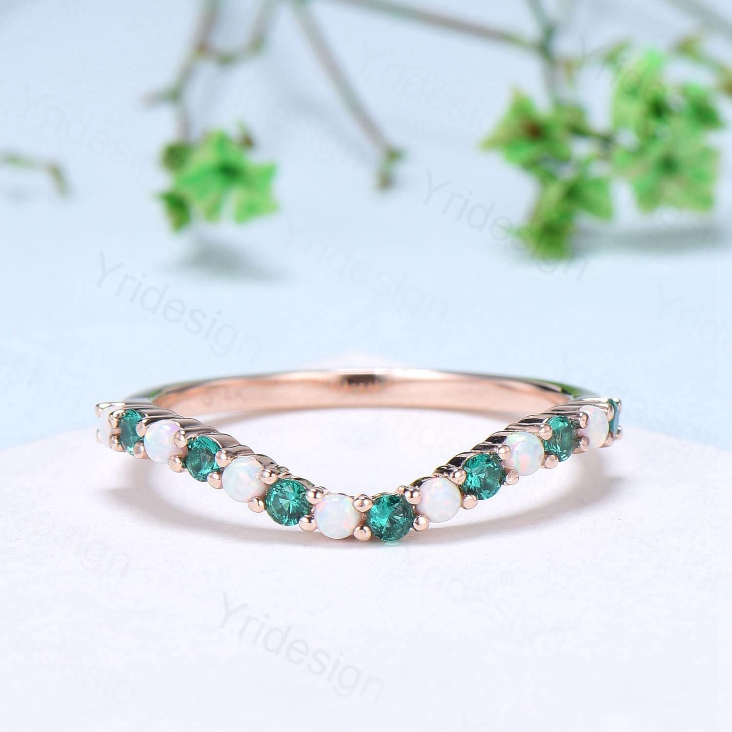 Curved Opal Wedding Ring - Half Eternity Opal & Emerald Wedding Band in Sterling Silver or 14K Rose Gold - Hexagon Cut Anniversary Stacking Ring for Bridal Jewelry & Special Occasions