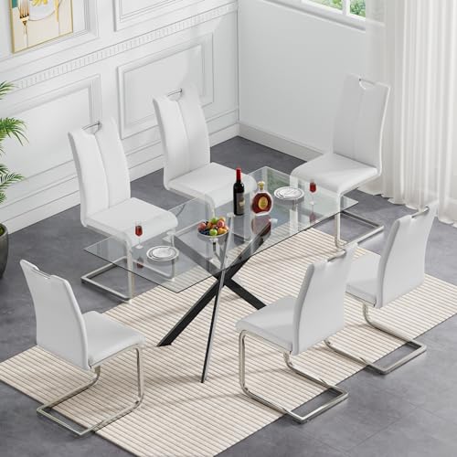 Clear Table With 6 White Silver Chairs