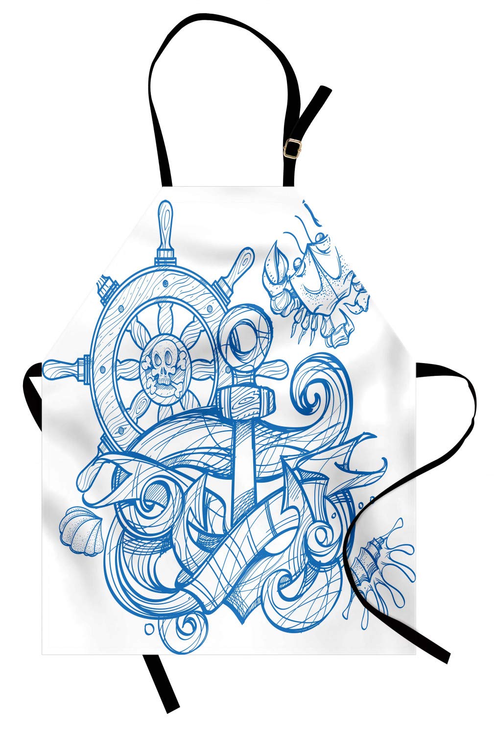 Ambesonne Vintage Nautical Tattoo Apron - Pirate Anchor & Steering Wheel Design - Adjustable Unisex Kitchen Bib for Cooking, Baking, Gardening - Perfect for Home Chefs & BBQ Parties - Azure Blue & White