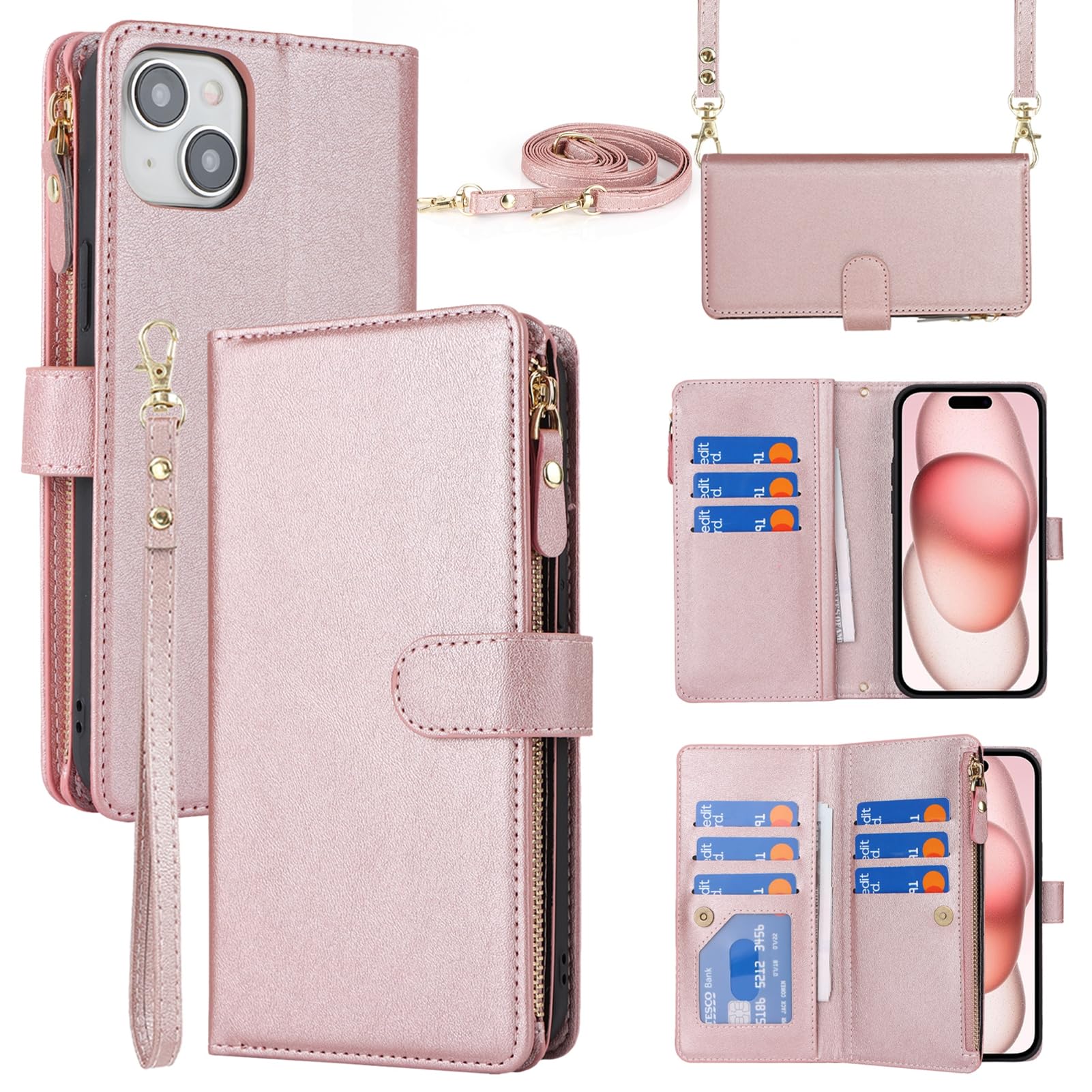 Jaorty Crossbody Phone Case for iPhone 15 with Strap Lanyard - Leather Wallet Case with Card Holder & Zipper Pocket - Magnetic Flip Cover for Women (6.1