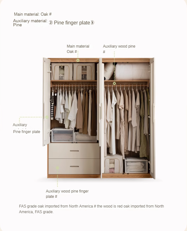 Oak Solid Wood Log Cream Style Wardrobe - Rustic Bedroom & Living Room Storage Furniture for Home Organization