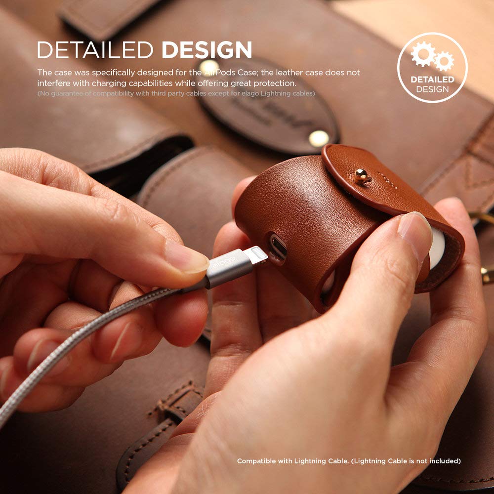 Premium Genuine Leather Case for AirPods 1 & 2 - Natural Cowhide Cover with Brass Ring Holder | Wireless Charging Compatible | Perfect for Travel, Work & Daily Use [Red]