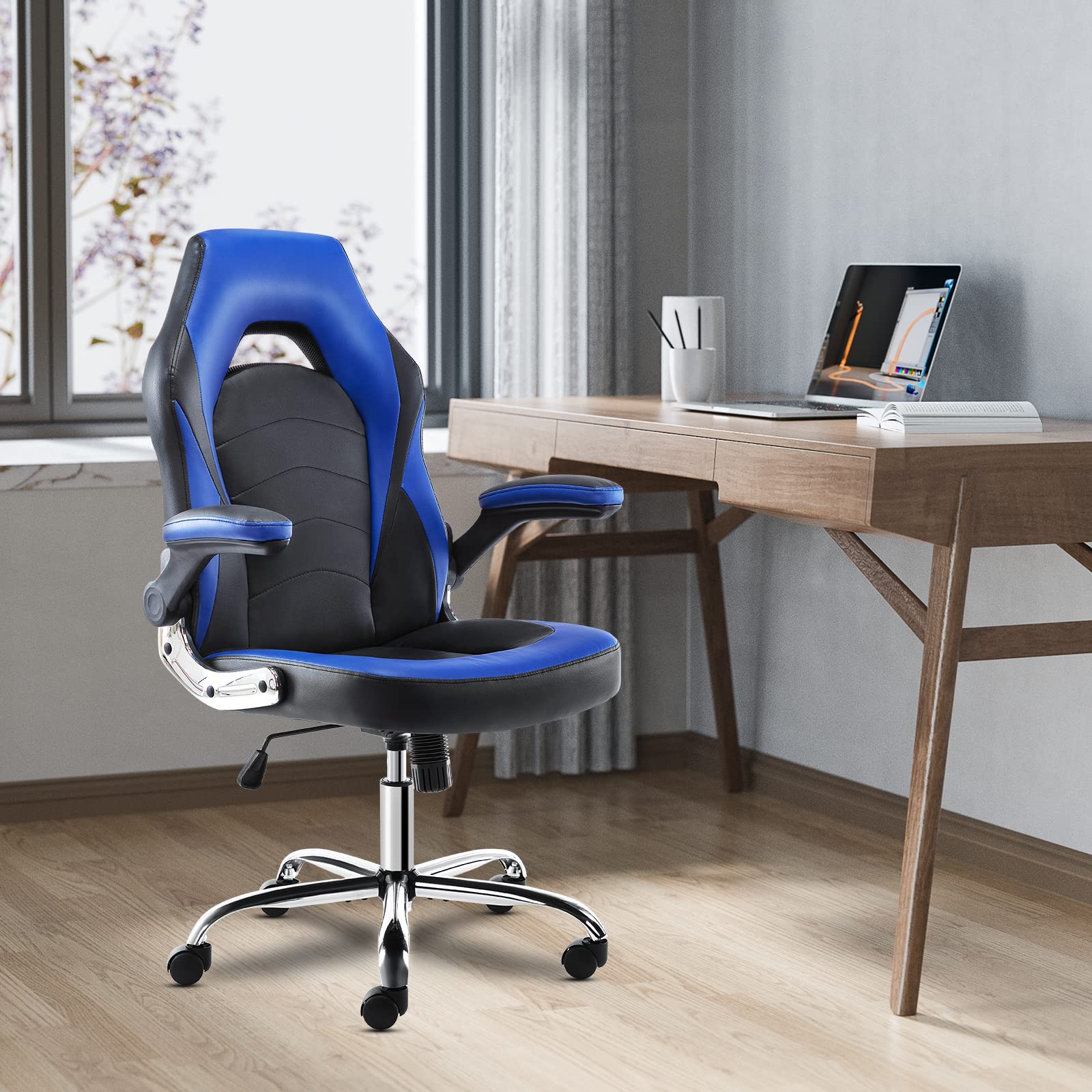 OLIXIS Ergonomic Gaming & Office Chair - Adjustable PU Leather Executive Swivel Desk Chair with Flip-Up Armrests, Lumbar Support - Perfect for Home Office, Gaming Setup, Study & Work (Grey-Blue, Model A-95blue)