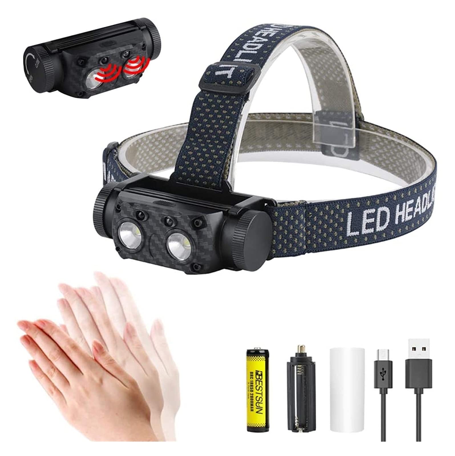 TONPOP Rechargeable LED Headlamp with Motion Sensor - 1000 Lumens Bright Light, 7 Modes for Camping, Running, Hiking, Cycling & Night Fishing | Hands-Free Outdoor Head Torch with Included Battery