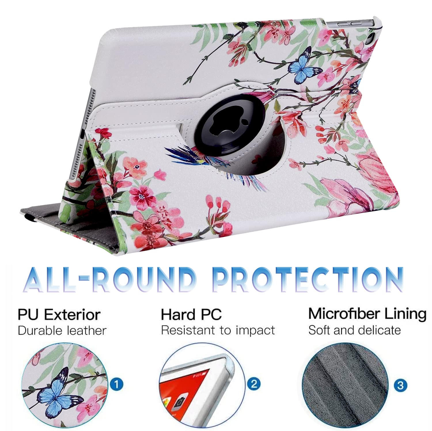 360° Rotating Protective Case for iPad 9.7 Inch (6th/5th Gen) & iPad Air 2 - Auto Sleep/Wake Cover with Stand | Flower Hummingbird Design | Perfect for Work, Study & Travel
