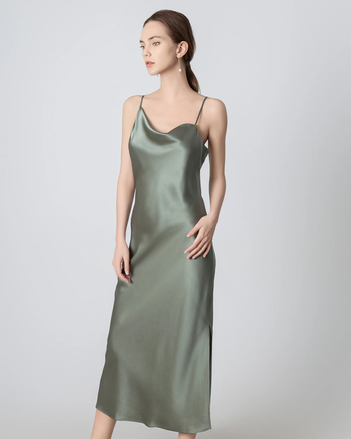 Elegant Slit Cowl Neck Midi Silk Dress for Women | Luxury Satin Evening Gown | Perfect for Cocktail Parties, Date Nights & Formal Events