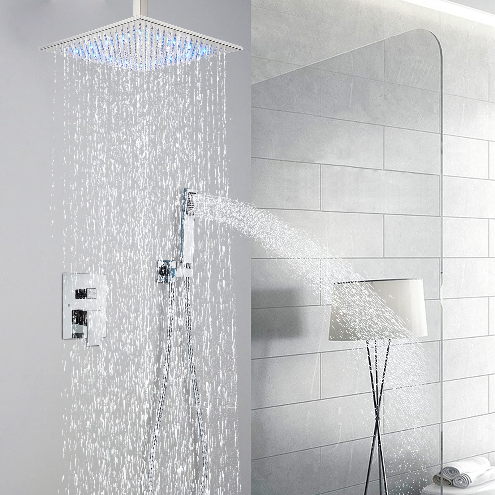 12 Inch LED Rainfall Shower Head System with Handheld Spray - Ceiling Mount Chrome Shower Faucet Set Including Rough-in Valve & Trim - Perfect for Modern Bathroom & Spa Experience