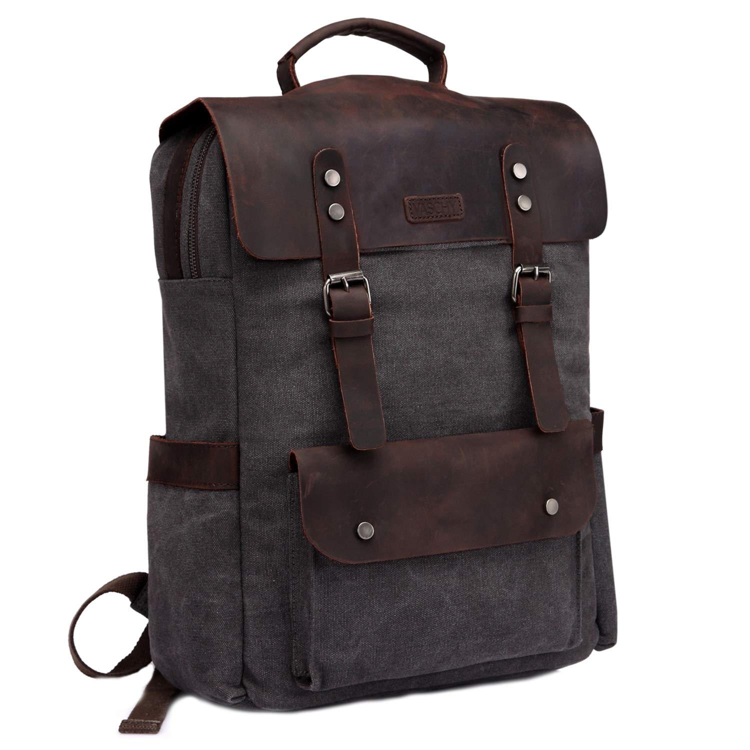 VASCHY Genuine Leather Laptop Backpack for Men & Women - Stylish Canvas College Rucksack with 15.6 Inch Laptop Compartment - Perfect for Work, School, Travel & Daily Commute