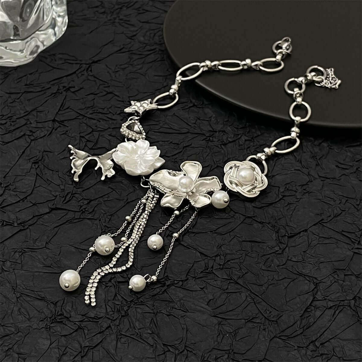 Y2K Metallic Butterfly Pearl Choker Necklace with Tassel - Vintage 90s Retro Fashion Jewelry for Women | Perfect for Parties, Concerts & Festivals