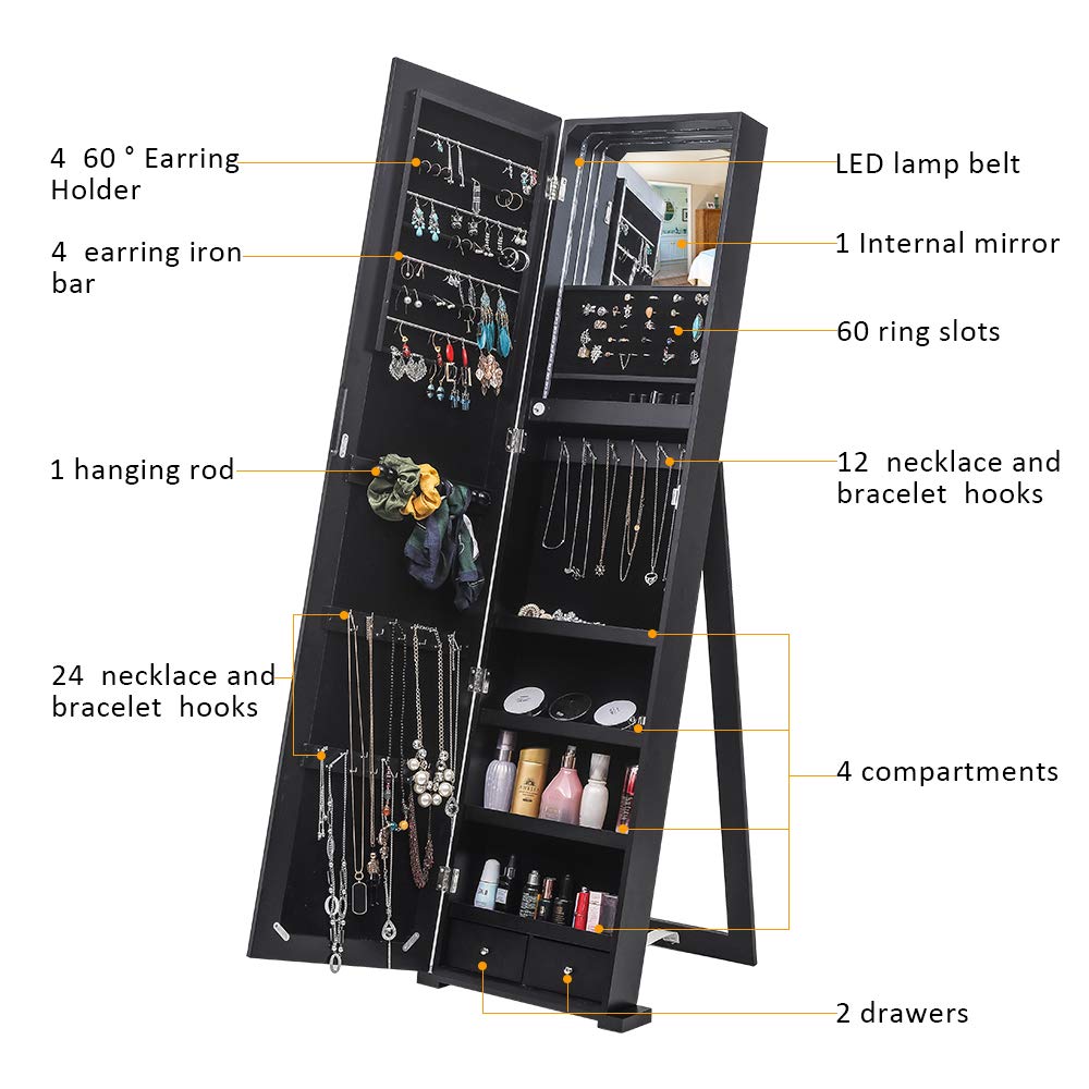GT7-XB 79 Blue LED Jewelry Cabinet with Full-Length Mirror - Upright Jewelry Organizer Storage for Necklaces, Rings & Earrings - Perfect for Bedroom, Closet & Dressing Room (Black)