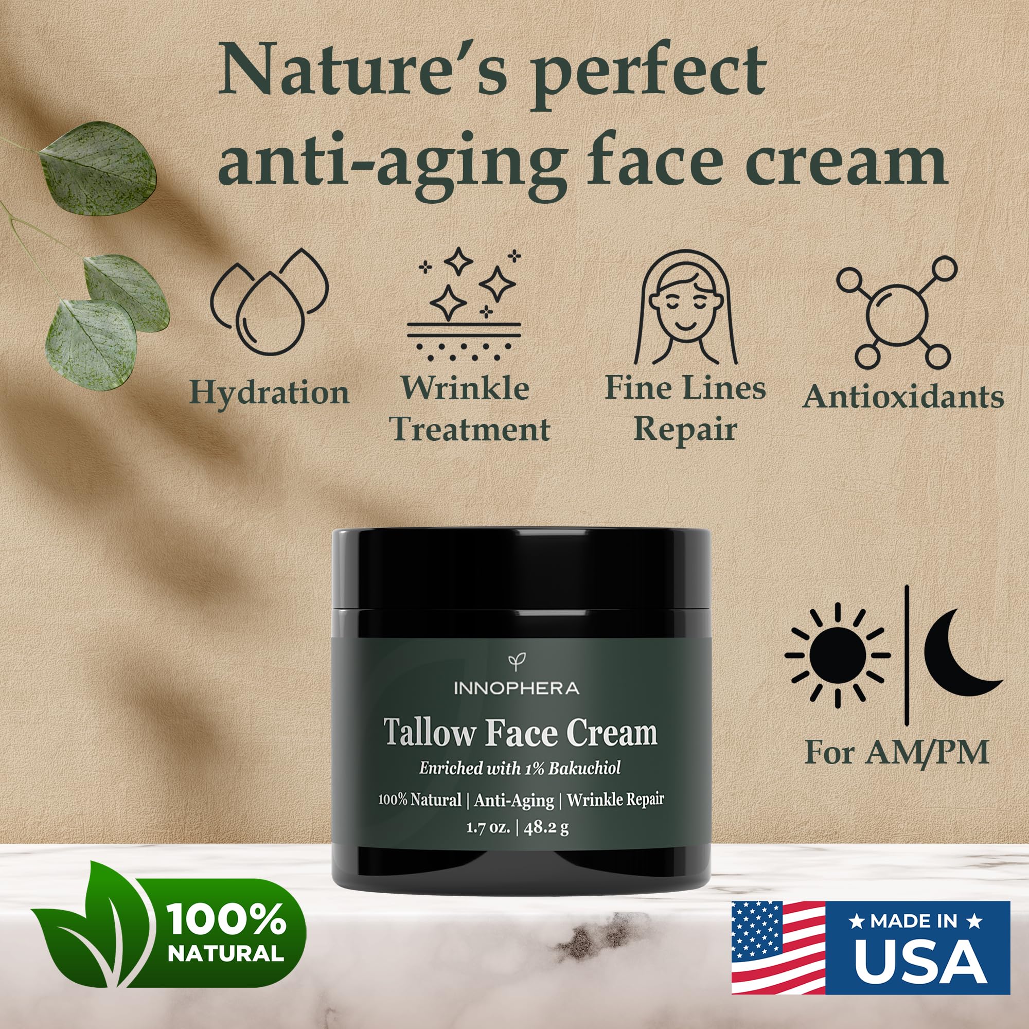 100% Natural Whipped Beef Tallow Face Cream with 1% Bakuchiol - Anti-Aging Wrinkle Repair & Moisturizer for Sensitive Skin - Unscented 1.7 oz - Perfect for Nighttime Skincare Routine & Dry Skin Relief