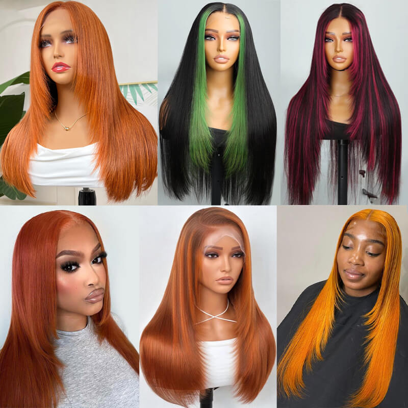 Eullair Green Skunk Stripe Layered Cut Straight Human Hair Wig with Golden Ginger Highlights - Pre Cut Lace Front for Natural Look | Perfect for Cosplay, Halloween, Daily Fashion & Special Occasions