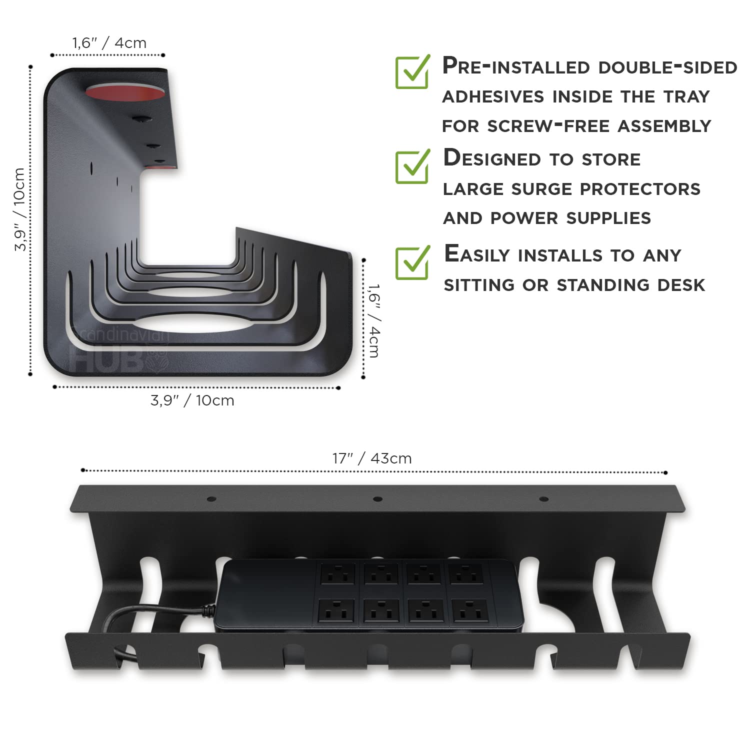Under Desk Cable Management Tray - No Drill Wire Organizer for Glass & Standing Desks, Black (Set of 2) - Keep Workspace Neat for Home Office & Gaming Setup