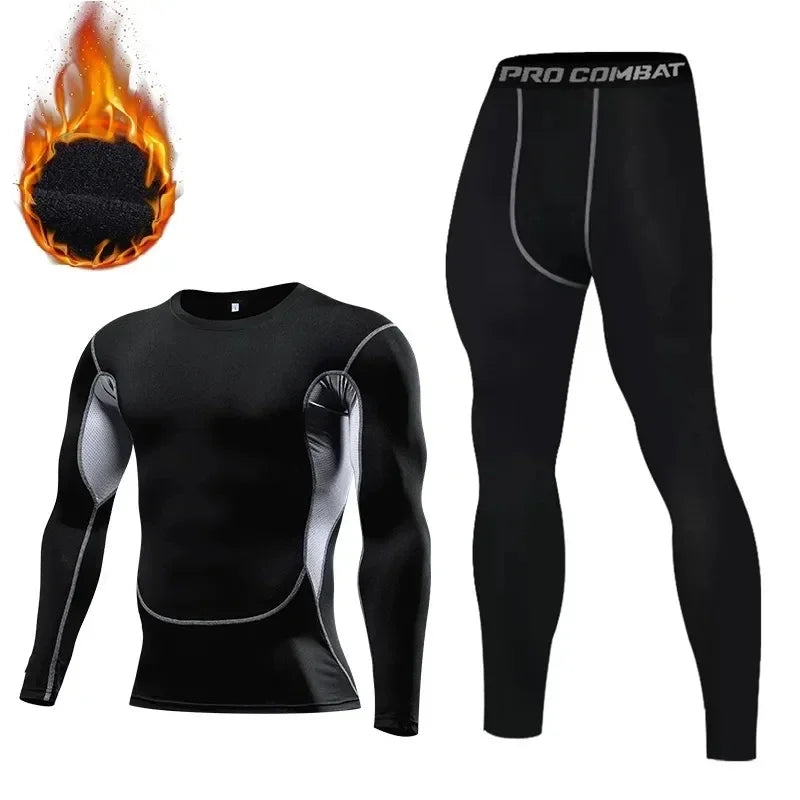 Men's Winter Thermal Fleece Gym Sets - Elastic Running & Fitness Outfit with Tight Exercise Top + Long Johns Base Layer Leggings for Cold Weather Workouts & Outdoor Sports