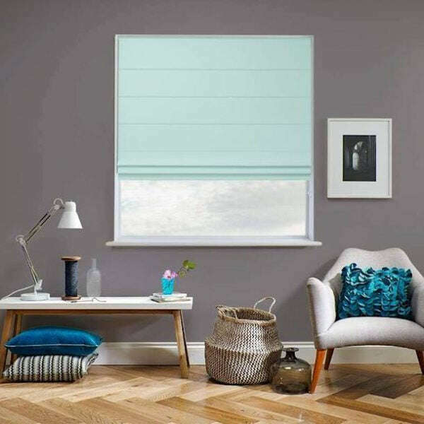 Napa Roman Linen Blinds in Aqua - Light Filtering Window Shades for Living Room, Bedroom & Office Decor