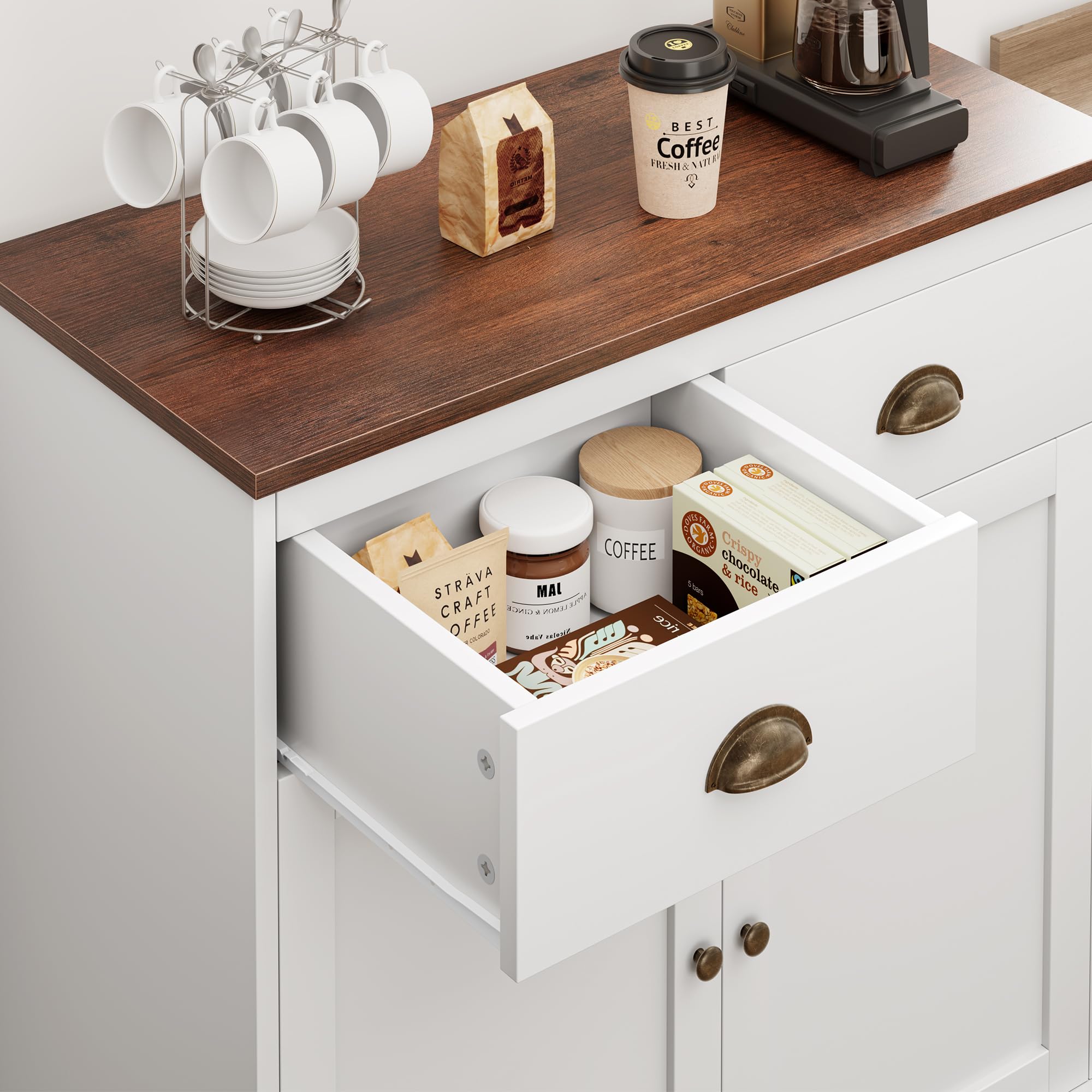 Modern Farmhouse Coffee Bar Cabinet - White Kitchen Buffet with 2 Drawers & Adjustable Shelf, Double Door Storage for Dining Room or Home Office | Perfect for Coffee Station, Bar Cart, or Kitchen Organization