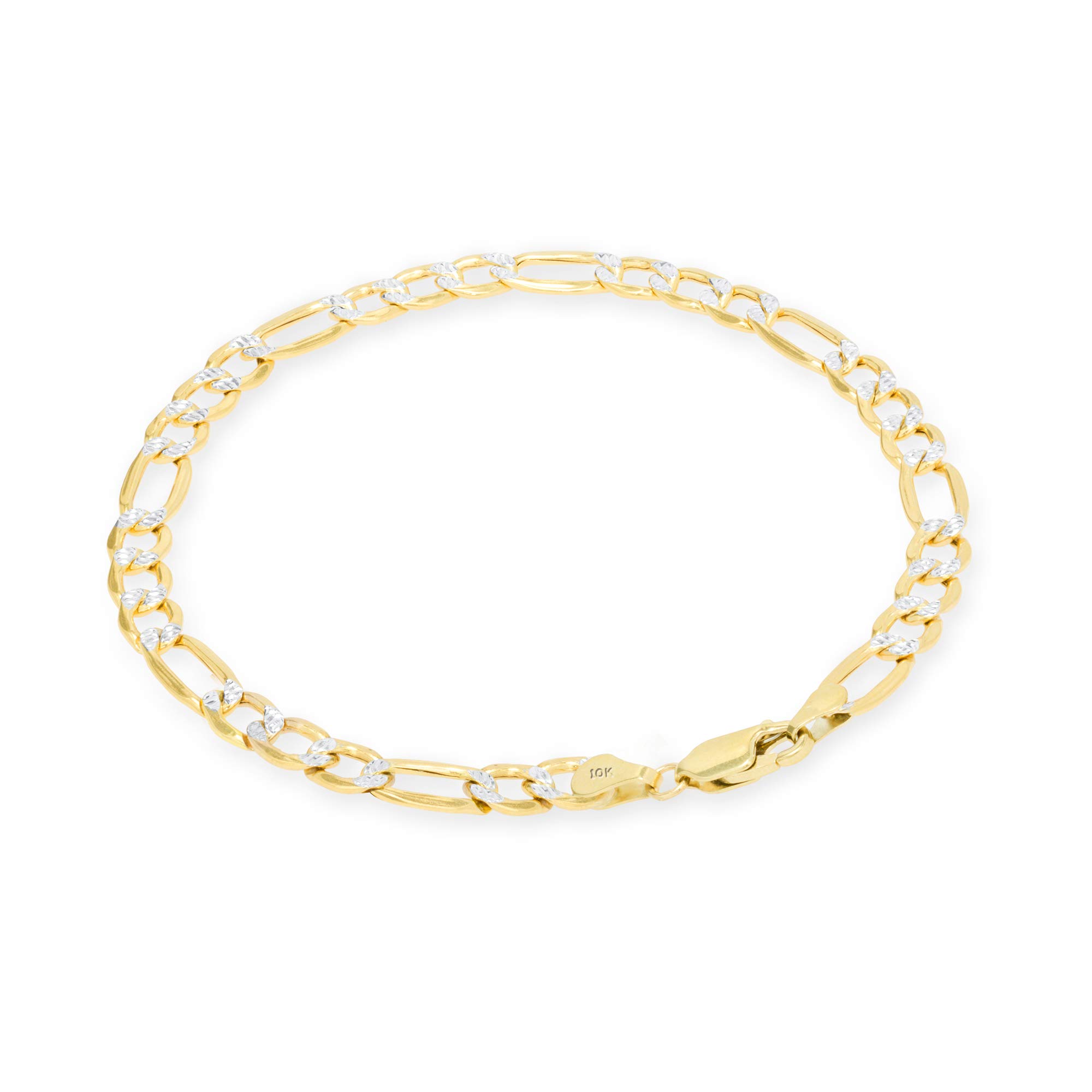 10k Real Yellow Gold Figaro Link Chain Bracelet or Anklet - 2.5mm Diamond Cut Pave Design - Two Tone Italian Jewelry for Men & Women (7