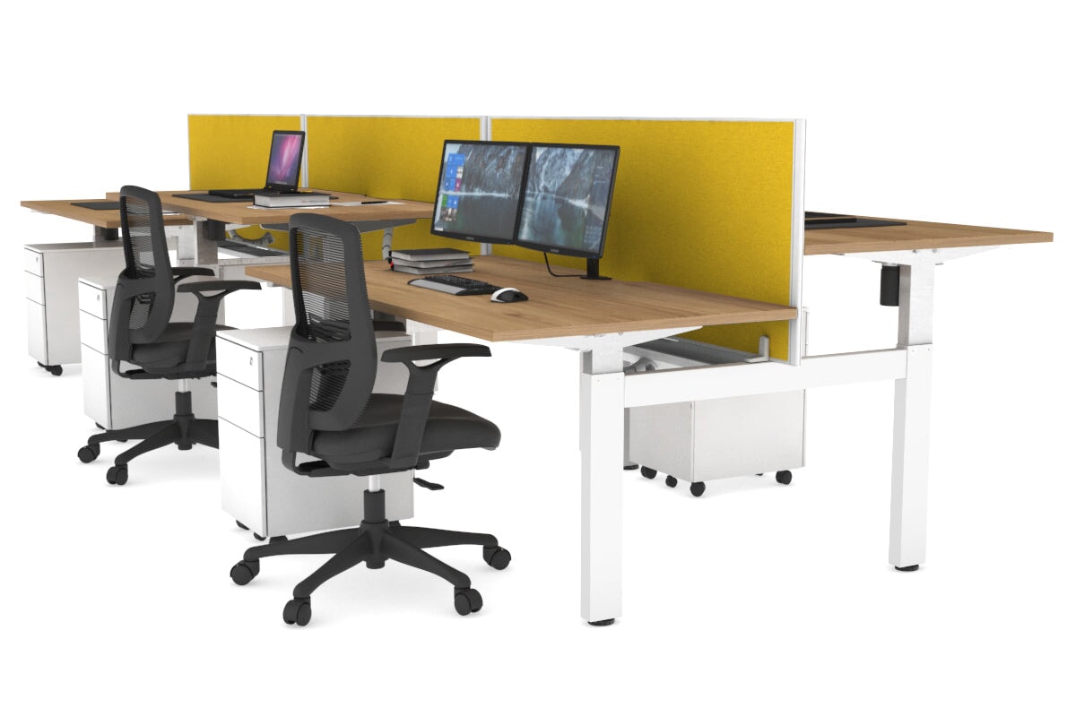 Height Adjustable 6-Person H Bench Workstation with White Frame - 1600L x 800W, Cable Management Scallop | Ideal for Office, Coworking Spaces & Collaborative Work Environments
