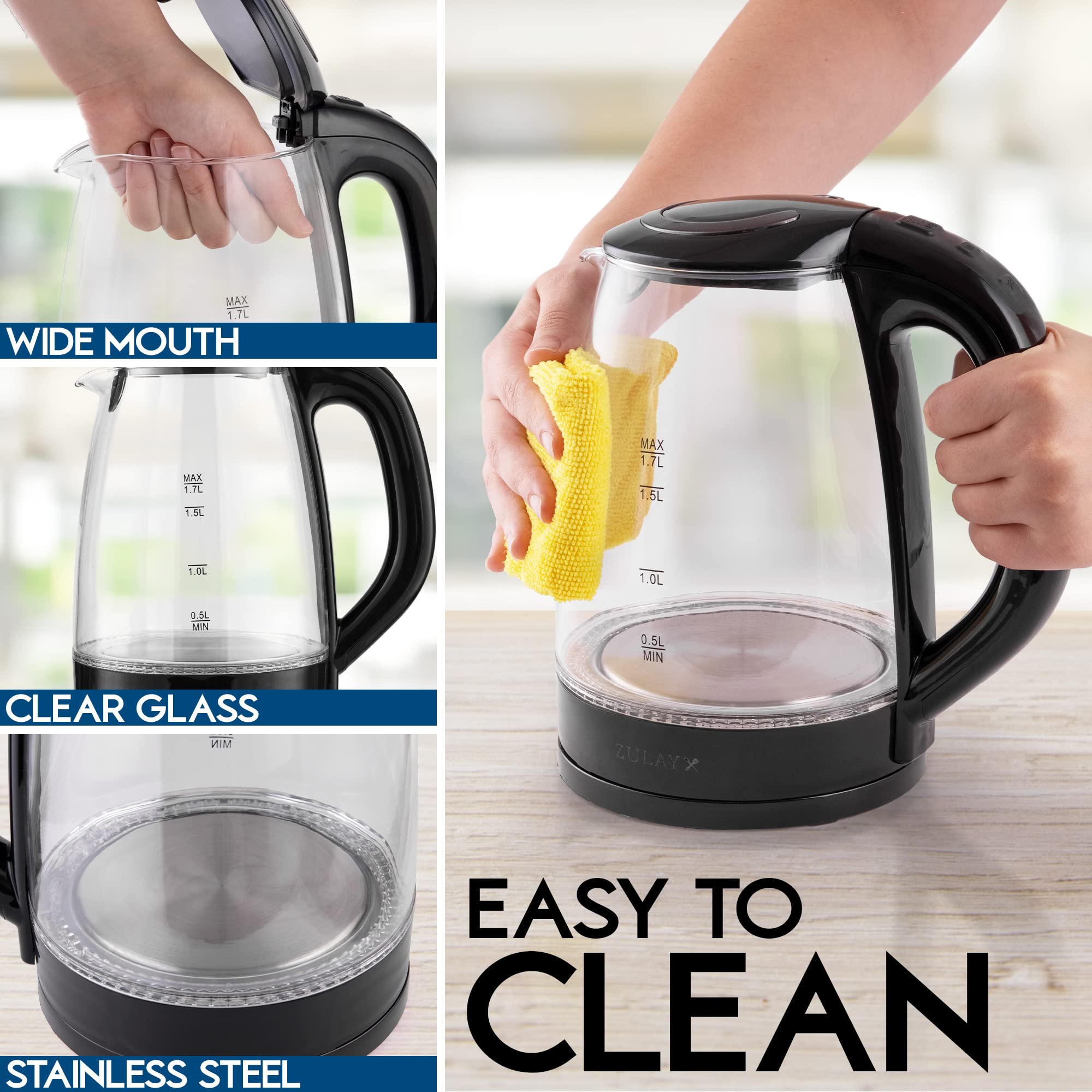Zulay 1.7L Borosilicate Glass Electric Kettle with Blue LED Light - Fast Boiling, Auto Shut-Off & Boil-Dry Protection - Perfect for Tea, Coffee & Instant Meals in Home, Office or Dorm