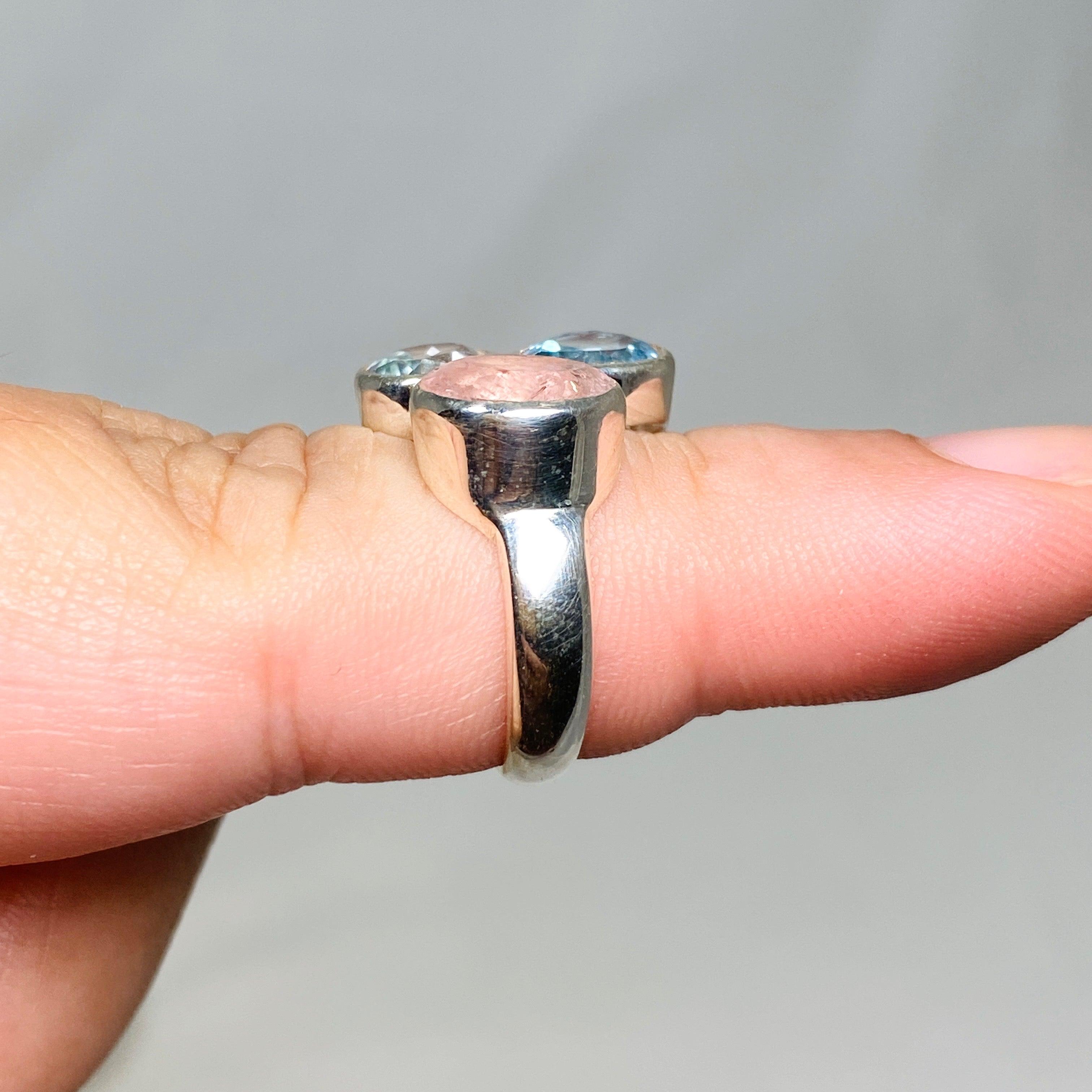 Morganite & Blue Topaz Faceted Multi-Stone Ring - Size 7 | Elegant Birthstone Jewelry for Women | Perfect for Anniversaries, Engagements & Special Occasions