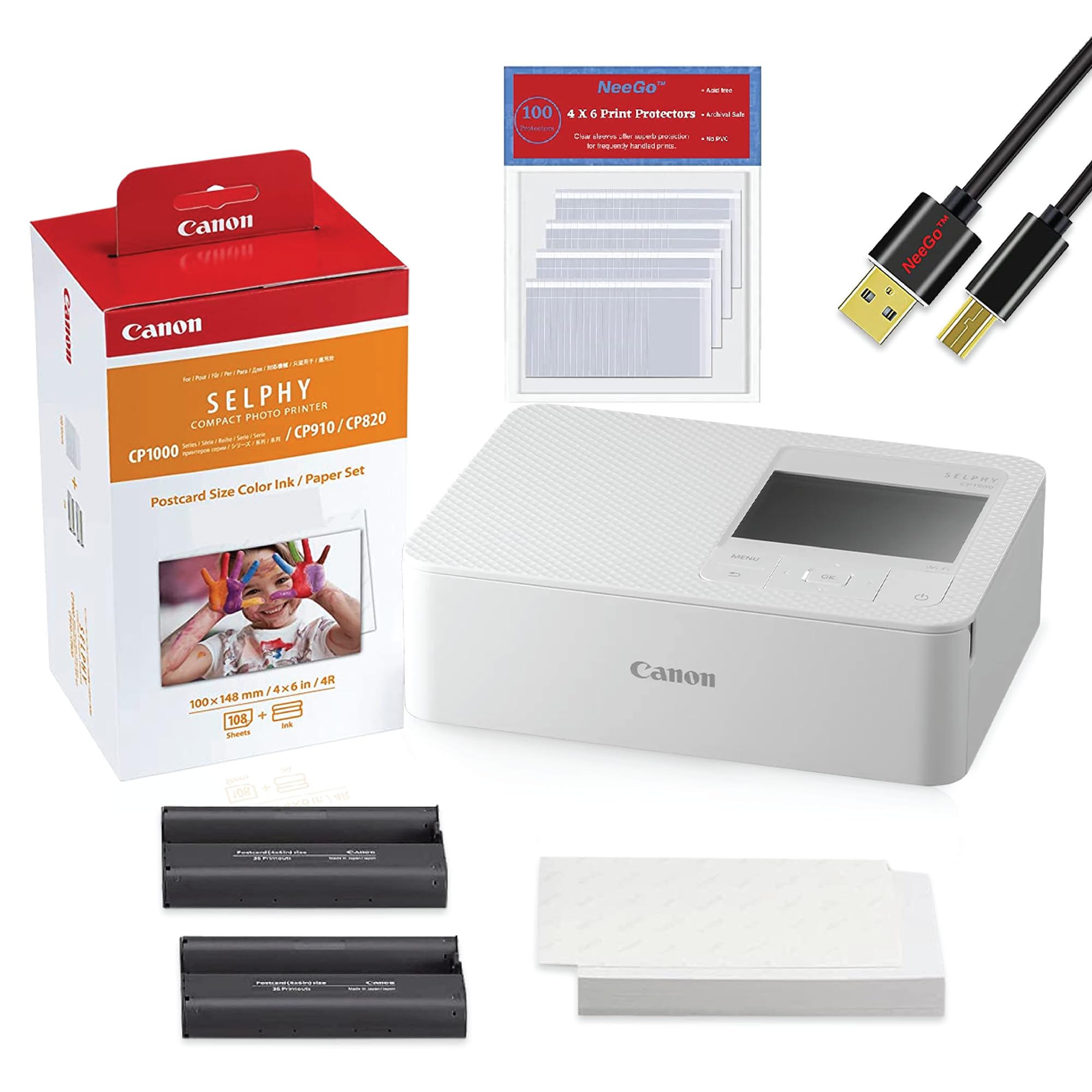 NEEGO Canon SELPHY CP1500 Wireless Portable Photo Printer - Instant Photo Printer with 108 Color Ink Paper Kit, Phone Printer (White) - Includes Printer Cable & Print Protector (100 Sheets) - Perfect for Home, Travel, and Party Photo Printing