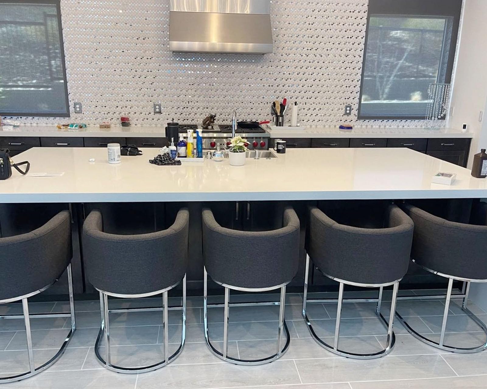 Modern Counter Height Linen Charcoal Fabric Upholstered Counter Stools Set of 2, 24 Inch Kitchen Island Stool with Chrome Finish Metal Frame - Perfect for Breakfast Bars, Kitchen Islands & Small Dining Spaces