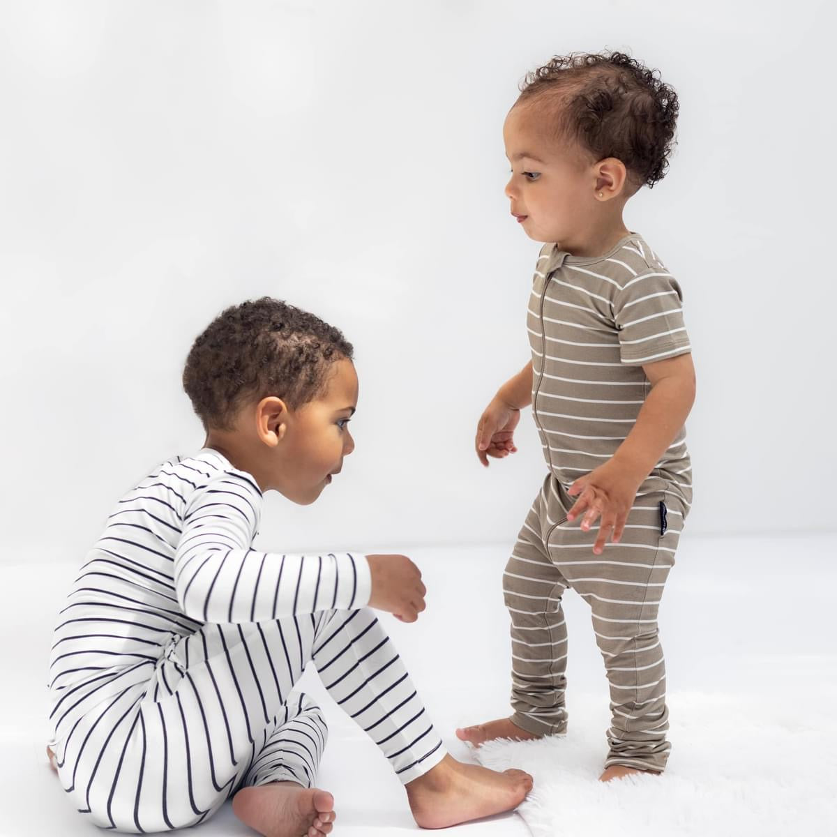 LB x Baby Breez Short Sleeve Pinstripe Romper Pajamas - Soft Cotton Sleepwear for Babies & Toddlers (Khaki Green/White) - Perfect for Nursery, Bedtime & Playtime